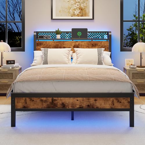 Full Bed Frame with Headboard,Charging Station and LED Lights | Metal Platform Bed with Charging Station and LED Lights, Noise Free, Easy Assembly,No Box Spring Needed, Brown - size: Full