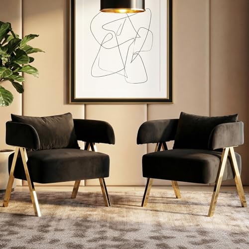 Modern Black Gold Velvet Accent Chairs Set 2, Barrel Armchairs Living Room | STHOUYN Comfy Reading Chairs, Living Room and Bedroom Seating, Curved Barrel Design, Gold-Tone Legs, Wide Seat, Small Space - color: Black
