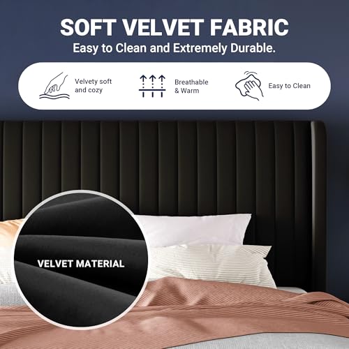 Allewie Full Size Velvet Bed Frame/Vertical Channel Tufted Wingback Headboard/Upholstered Platform Bed/Strong Wooden Slats/No Box Spring Needed/Easy Assembly/Black - color: Black, size: Full