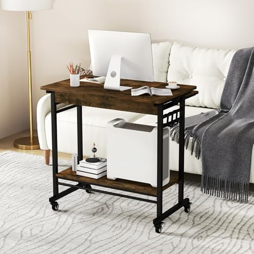GOFLAME Mobile Computer Desk with Pull-Out Keyboard Tray, Compact Laptop Cart, Home Office Desk with Lockable Wheels, Writing Workstation, CPU Stand, Task Study PC Desk for Small Spaces, Study