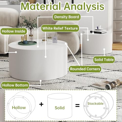 26 inch Round White Fluted Nesting Coffee Table Set of 2, B Large | Spray Painting Finish, For Living Room, Nested Crescent Side Table, Nestable Design, Mid-Century Modern, For Small Spaces - color: White a Large
