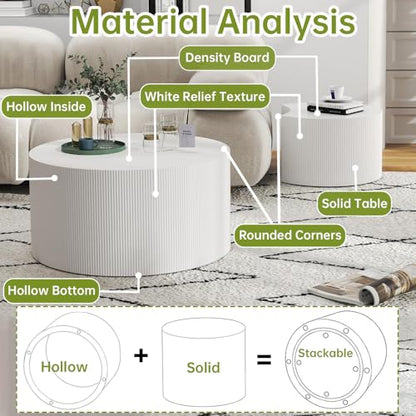 26 inch Round White Fluted Nesting Coffee Table Set of 2, B Large | Spray Painting Finish, For Living Room, Nested Crescent Side Table, Nestable Design, Mid-Century Modern, For Small Spaces - color: White a Large