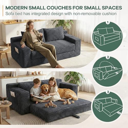 73" Convertible Sofa Bed, Corduroy Boneless Loveseat Sleeper, Gray | Fold Out Floor Couch Bed with 2 Pillows, Memory Foam Cloud Futon Couch for Living Room, Guest Room, Small Space, No Assembly