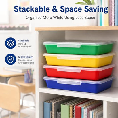 Flat Storage Bins with Lids, Letter Size Paper Storage Bins Set of 4, Stackable Classroom Turn In Bins with Secure Latching Lid, Plastic Storage Organizer for Teachers, Office & Home