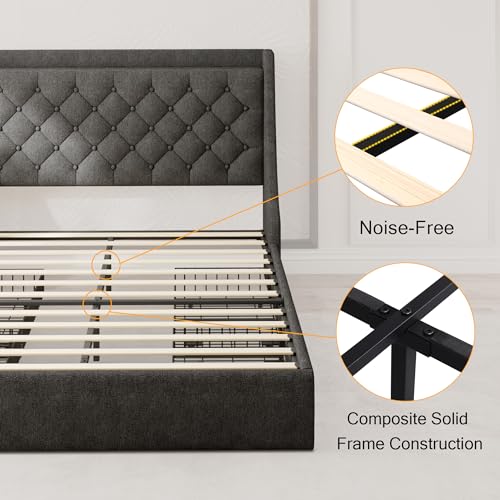 Einhomn Full Size Bed Frame with 4 Storage Drawers, Upholstered Bed Frame with Large Wingback Headboard, Charging Station, No Box Spring Needed, Dark Grey - color: Dark Gray, size: Full