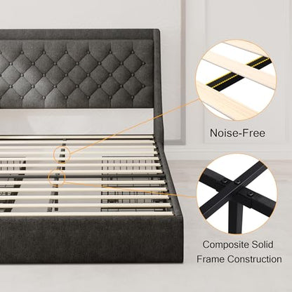 Einhomn Full Size Bed Frame with 4 Storage Drawers, Upholstered Bed Frame with Large Wingback Headboard, Charging Station, No Box Spring Needed, Dark Grey - color: Dark Gray, size: Full