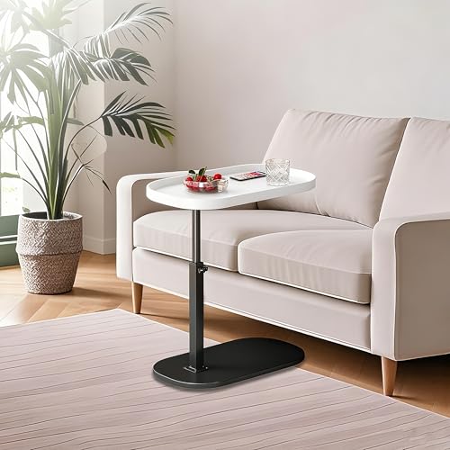 Adjustable Height C Shaped Side Table, Couch Tables that Slide Under, C Side Table Raised Edge, 360°Swivel C Shaped End Table, Small Coffee C Table, End Table for Sofa/Bed/Bathtub (Marble White) - color: Marble White