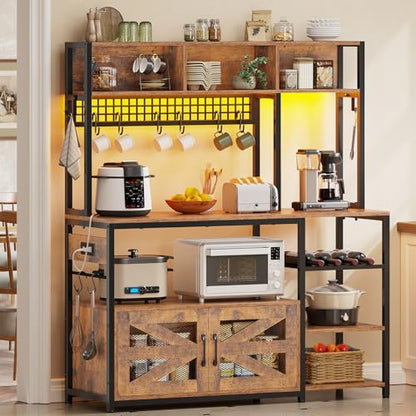 Itaar 47.2 Inch Bakers Rack with Power Outlet, Microwave Stand with Storage, Farmhouse Coffee Bar Cabinet Station with Wine Rack, Iron Mesh and 8-S Hooks (Rustic Brown) - color: Rustic Brown