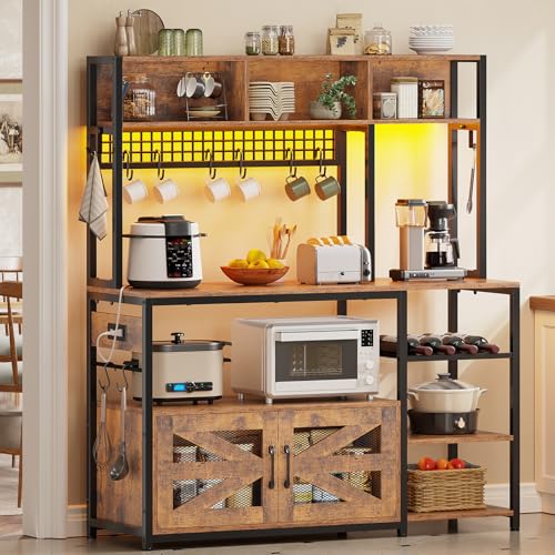 Itaar 47.2 Inch Bakers Rack with Power Outlet, Microwave Stand with Storage, Farmhouse Coffee Bar Cabinet Station with Wine Rack, Iron Mesh and 8-S Hooks (Rustic Brown) - color: Rustic Brown