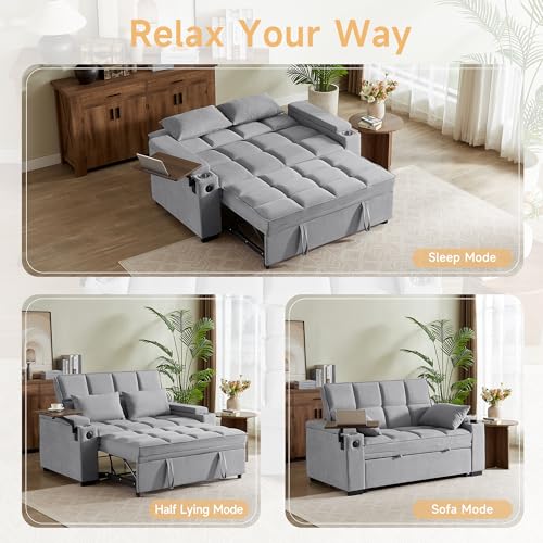 66" Multi-Functional Pull-Out Sofa Bed with Hidden Side Table, Storage Armrests, Built-in Charging Port, Spring Mattress, Solid Wood Frame – Ideal for Small Spaces, Easy Assembly - color: 1007-grey