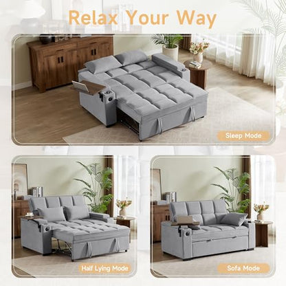66" Multi-Functional Pull-Out Sofa Bed with Hidden Side Table, Storage Armrests, Built-in Charging Port, Spring Mattress, Solid Wood Frame – Ideal for Small Spaces, Easy Assembly - color: 1007-grey