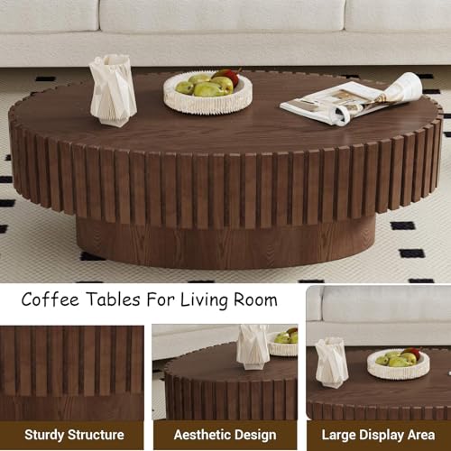 Oval Drum Fluted Coffee Table (C) | Modern Wood Coffee Table with Circle Pedestal Center Tables Fluted Accent Tea Tables for Apartment Living Room - color: C