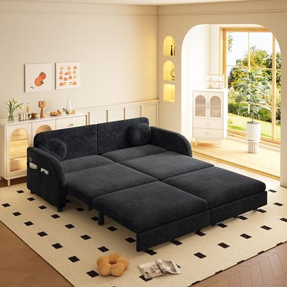 65.4'' Queen Size Sleeper Sofa Bed, 3-in-1 Pull Out Chenille Couch, Black | Cozy Curved Armrest, Loveseat with USB, 2 Round Pillows, Washable Cover, Pocket, for Living Room, Apartment, Small Spaces, RV - color: Black, size: 65.4'' Queen