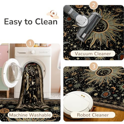 Vacuum-Friendly, 2x3 Washable Area Rug, Black Green Beige | Sun and Moon Boho Gothic Non-Slip Low Pile Living Roon Bedroom Dining Room Kitchen Entry Entryway Entrance Hallway Doormat - color: Black/Green/Beige, size: 2' x 3' (Rectangular)