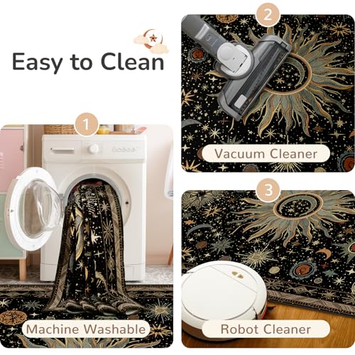 Vacuum-Friendly, 2x6 Washable Area Rug, Black Green Beige | Sun and Moon Boho Gothic Non-Slip Low Pile Living Roon Bedroom Dining Room Kitchen Entry Entryway Entrance Hallway Doormat - color: Black/Green/Beige, size: 2' x 6' (Runner)