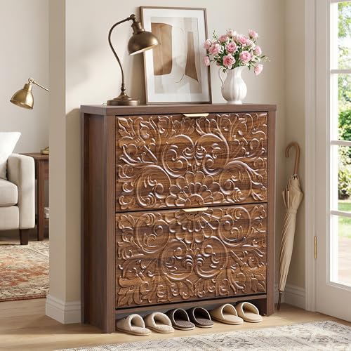 weselon Shoe Cabinet with Flip Drawers, Narrow Shoe Storage Cabinet, 2-Tier Hidden Shoe Organizer with Carved Floral for Entryway, Mid-Century Modern Slim Shoes Storage for Hallway Foyer (1, Walnut) - color: Walnut, size: 1 Pack