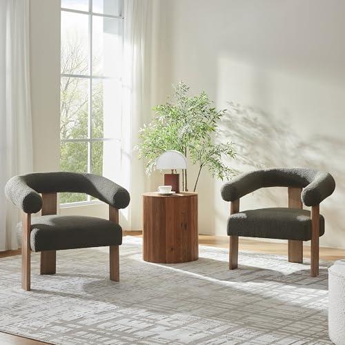 VKNOW Barrel Accent Chairs Set of 2 with Armrests and Rubberwood Legs | Mid Century Modern Upholstered Living Room Chairs with Open Back, Sherpa Fabric, arm chair for Living Room, Bedroom, Green - color: Green, size: Set of 2