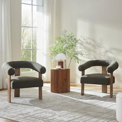 VKNOW Barrel Accent Chairs Set of 2 with Armrests and Rubberwood Legs | Mid Century Modern Upholstered Living Room Chairs with Open Back, Sherpa Fabric, arm chair for Living Room, Bedroom, Green - color: Green, size: Set of 2