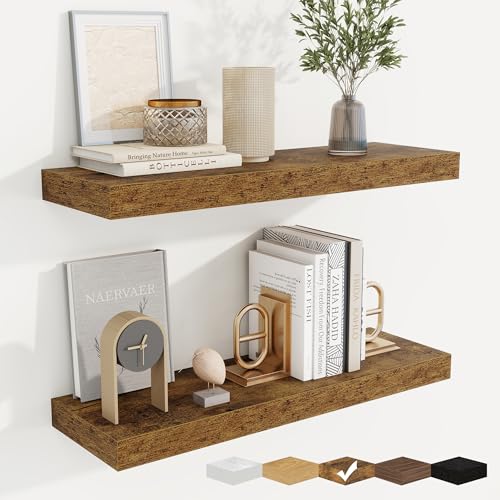 fuqing Floating Shelves for Wall, Wall Mounted Wood Floating Shelf with Invisible Brackets for Living Room, Bathroom, Bedroom, Kitchen Storage and Decor, 24 Inch Set of 2, Rustic Brown - color: Rustic Brown, size: 24"W x 6.5"D , 2 Pack