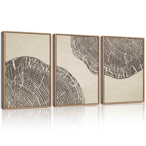 KUVIOKE Framed Tree Rings Wood Wall Art Modern Retro Beige Wood Stump Wall Decor Nature Rustic Art Print for Farmhouse Living Room Bedroom 12x16in (Natural Framed) - color: Wood Stump, size: 12 x 16in x 3 Panels Natural