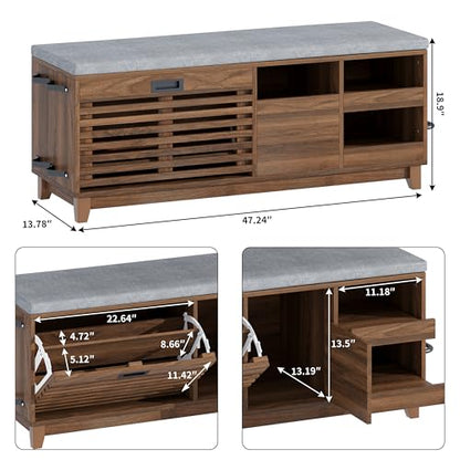 47.2" Shoe Storage Bench with Flip Drawer, 2-Tier Entryway Bench with Padded Seat Cushion & 2 Pull-out Shelves & Semi-open storage, Shoe Rack Bench with Side Holder for Hallway,Bedroom (Walnut)