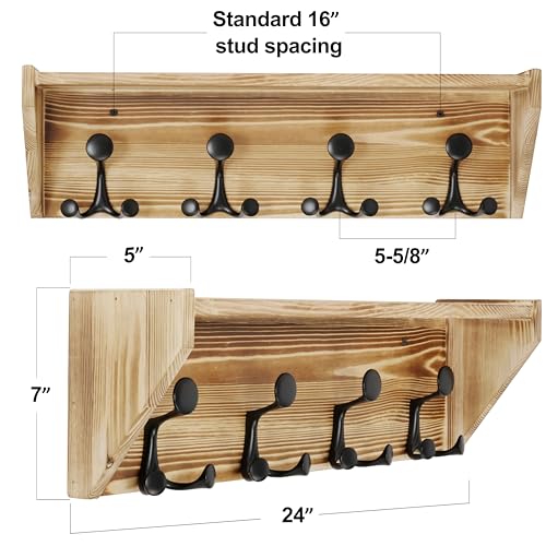SKOLOO Wall Shelf with Hooks, 24-Inch Coat Rack Wall Mount with Shelf Organizer - Heavy Duty, 4 Tri Hooks - Perfect for Entryway, Hallway, Living Room, Bedroom, Mudroom, Wood Brown & Black - color: Wood Brown, size: 24 inch with 4 hooks