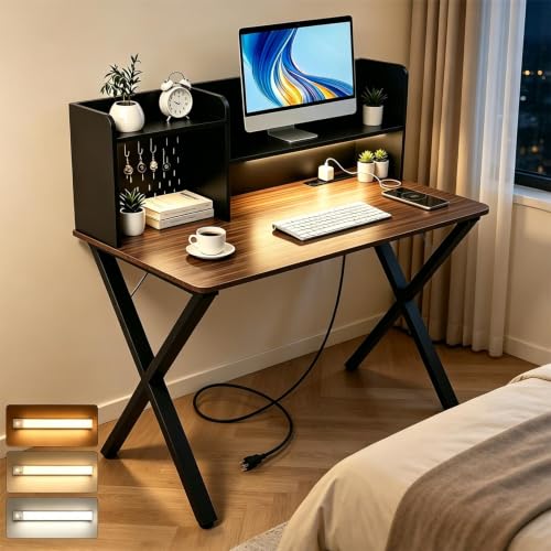 Lightdot 44" ×24" Black Home Office Computer Desk with Charging Ports, Study Gaming Desk with Hutch Pegboard & Motion Sensor Light, Student Writing Desk with Storage for Home Office Bedroom - color: Black/Walnut