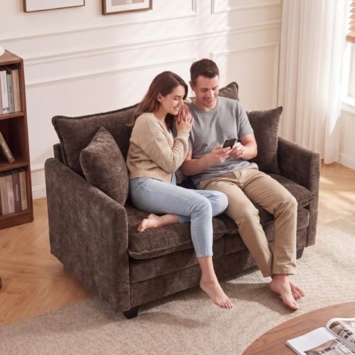 50'' Loveseat Sofa Set, Small Couch Set 2 Piece Cloud Love Seat with 27" Deep Seat Washable Chenille Pillows Couches for Small Spaces Apartment Living Room, Brown - color: Brown, size: 50"+50"
