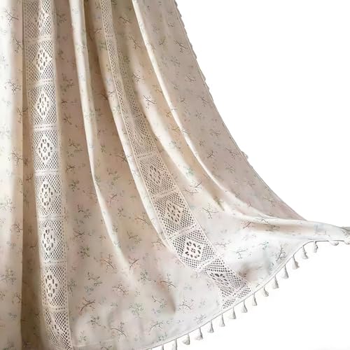 Deeprove Boho Curtains for Bedroom, Cream Hollow Crochet Stripes and Florals Print Cotton Linen Fabric Patchwork, Bohemian Beige Tassel Semi-Blackout Window Panel Farmhouse Drape 1 Panel, W59 x L84 - color: Beige 02, size: 59"W x 84"L (Pack of 1)
