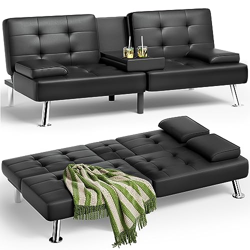 JUMMICO Faux Leather Futon Sofa Bed, Sleeper Sofa with Adjustable Backrest | Futon Couch with Removable Armrests & 2 Cup Holders, Loveseat Futon Set for Living Room, Apartment and Office | Black
