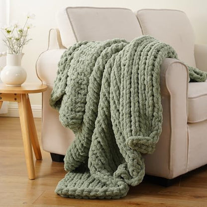 Sage Green Chunky Knit Throw Blanket, Knit Throw Blanket for Couch 50"x60" | Handmade Cable Knit Crochet Blanket, Cozy Knot Green Knitted Throw Blankets, Light Green Chenille Blanket for Bed Sofa Home - color: Light Green