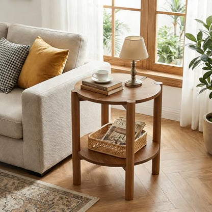Solid Wood Round Side Table, 2-Tier Small End Table with Storage Shelf, Farmhouse Rustic Nightstand for Living Room, Bedroom, Small Spaces, Easy Assembly (1 PC, Natural Brown)