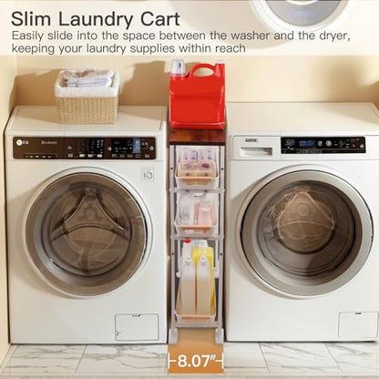 5 Tier Slim Storage Cart Metal Gap Filler with Wood Top White | Slim rolling cart fits 8" laundry gaps. Features a solid wood top for heavy detergents and breathable PP mesh drawers - color: White