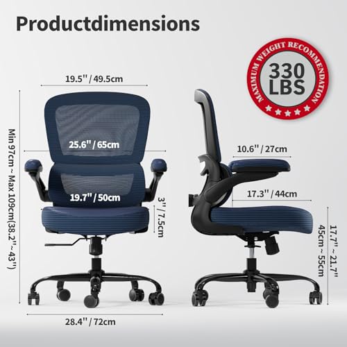 TRALT Ergonomic Office Chair Desk Chair with Adjustable Lumbar Support | Desk Chair Comfy with Flip-up Armrests Ergonomic Chair - Mesh Computer Chairs for Adults, 330lbs, PU Leather (Navy Blue, 1) - color: Navy Blue, size: Pack of 1