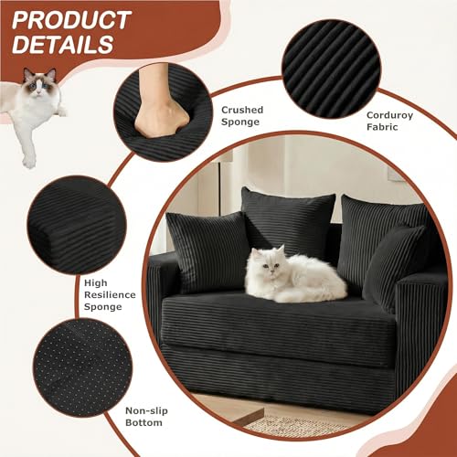 Convertible Sofa Bed, 5 in 1 Small Boneless Couch Pull Out Loveseat Sleeper Sofa,Corduroy Futon Couch Folding Mattress with 4 Pillows for Living Room (Black01, Loveseat)