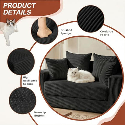 Convertible Sofa Bed, 5 in 1 Small Boneless Couch Pull Out Loveseat Sleeper Sofa,Corduroy Futon Couch Folding Mattress with 4 Pillows for Living Room (Black01, Loveseat)
