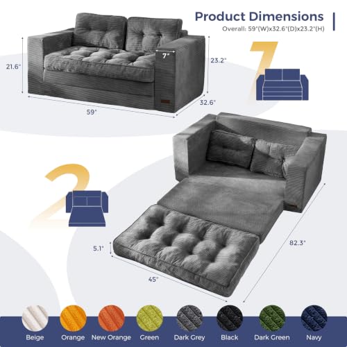 MAXYOYO Folding Sofa Bed, Convertible Sleeper Loveseat with Pillows | 2-Person Fold-Out Loveseat, Convertible Sleeper Bed with Supportive Pillows for Relaxing or Overnight Guests, Dark Grey - color: Dark Grey