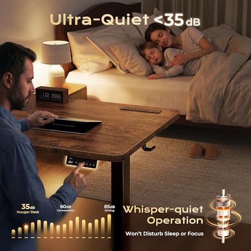 Huuger 전원 콘센트 및 USB-C 포트가 있는 전기 스탠딩 데스크, 119.9 x 61cm(47 x 24인치) 높이 조절 가능한 책상, 홈 오피스, 컴퓨터 및 게이밍 책상용 앉은 스탠드 데스크, 4개의 프리셋, 러스틱 브라운 - color: 러스틱 브라운., size: 47.2 x 23.6 inch
