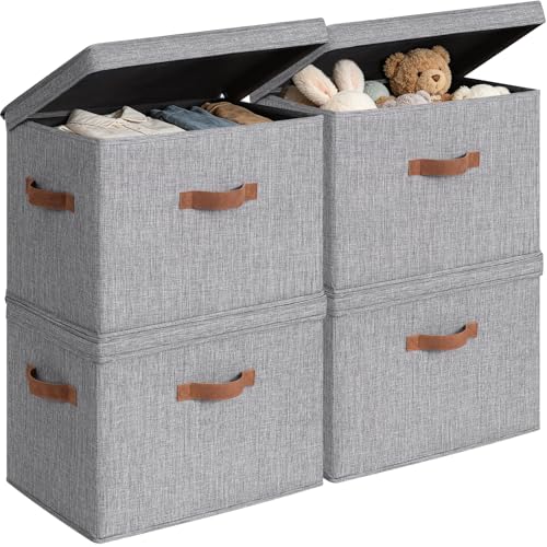 CHICVITA 4-Pack Large Fabric Storage Bins with Lids for Closet,Grey | 17.1" x 11.2" x 11.6" Storage Boxes for Shelves with Support Plate Fit Bedroom Storage Cubes with Handles for Clothes & Toys - color: Grey, size: 30L (17.1"L x 11.2"W x 11.6"H)