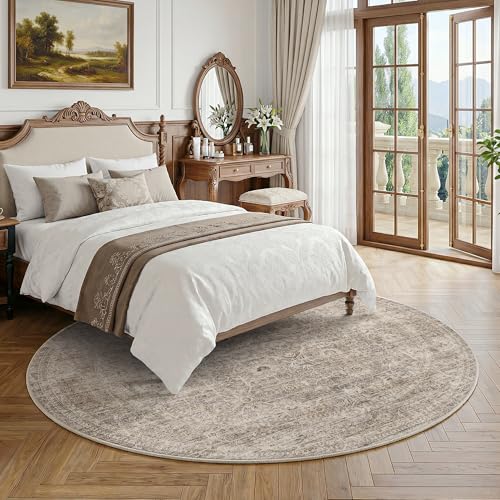 FMFUNCTEX 6ft Round Washable Taupe Vintage Large Area Rug for Living Room | Non Slip Low Pile Soft Indoor Circle Carpet Distressed Farmhouse Traditional Retro Floral Pattern Dining Room Bedroom Nursery - color: Taupe, size: 6' (Round)