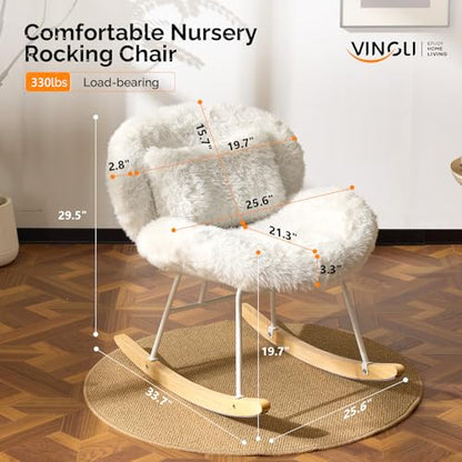 VINGLI 25.6" Extra Wide Criss Cross Nursery Rocking Chair,Cute Curved 115° Reclining Armless Glider,Plush Small Rocker w/Pillow & Solid Wood for Indoor,Bedroom, Living Room,Fluffy Fleece,White - color: Fluffy-white