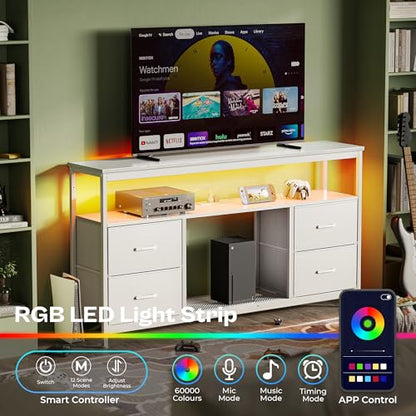 Huuger TV Stand Dresser with Power Outlets and LED Lights, 4 Drawers Entertainment Center with Shelves, 54 Inch Media Console for 55 60 Inch TV, 4 AC Outlets, 2 USBs, Dresser with PU Finish, White - color: White, size: 54 Inches