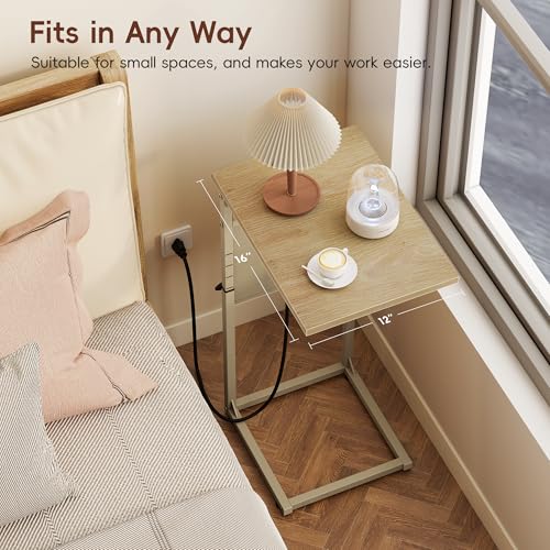 C Shaped End Table with Charging Station, Adjustable Height C Table End Table, Small Side Table for Couch, Couch Table Slide Under Sofa Table TV Tray Arm Table for Living Room,Bedroom,Natural - color: Natural Walnut, style: With Plug