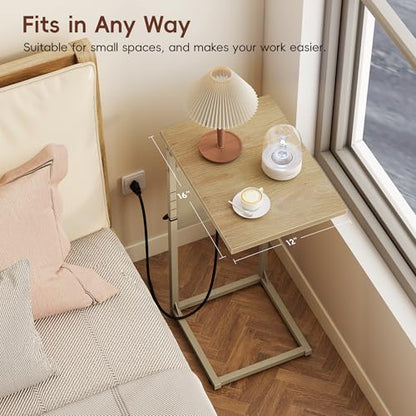 C Shaped End Table with Charging Station, Adjustable Height C Table End Table, Small Side Table for Couch, Couch Table Slide Under Sofa Table TV Tray Arm Table for Living Room,Bedroom,Natural - color: Natural Walnut, style: With Plug