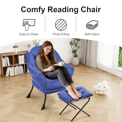 Lazy Chair with Ottoman Comfy Accent Lounge Chair with Side Pocket Cozy Chair Modern Reading Armchair with Footrest Upholstered Sofa Chair for Small Spaces Living Room Dorm Bedroom Darkblue - color: Darkblue