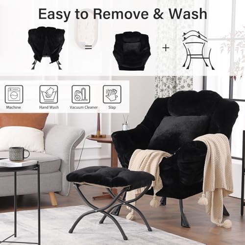 Lazy Chair with Ottoman, Plush Reading Chair with Pillow，Black | Removable machine-washable cover; includes an extra throw pillow; cozy accent chair for living room, bedroom, dorm or office - color: Plush Black-1