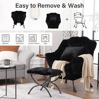 Lazy Chair with Ottoman, Plush Reading Chair with Pillow，Black | Removable machine-washable cover; includes an extra throw pillow; cozy accent chair for living room, bedroom, dorm or office - color: Plush Black-1