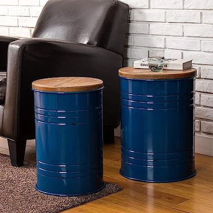 Glitzhome Rustic Storage Ottoman Seat Stool, Farmhouse Nesting End Table, Galvanized Barrel Metal Accent Side Table Toy Box Bin with Round Wood Lid for Living Room, Set of 2, Navy Blue - color: Navy Blue