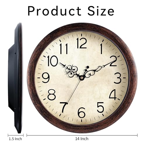 KECYET Wall Clock 14" Vintage Battery Operated Non-Ticking Quartz (Bronze) | Kitchen Clock Living Room Retro Rustic Kitchen Bathroom Home Office Bronze - size: 14 Inch