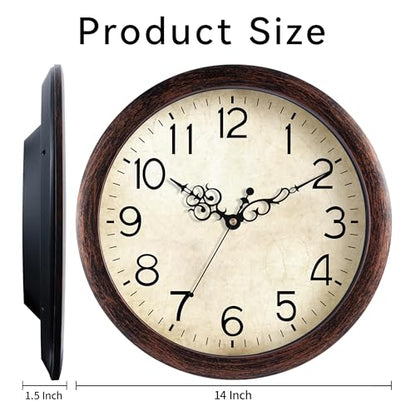 KECYET Wall Clock 14" Vintage Battery Operated Non-Ticking Quartz (Bronze) | Kitchen Clock Living Room Retro Rustic Kitchen Bathroom Home Office Bronze - size: 14 Inch